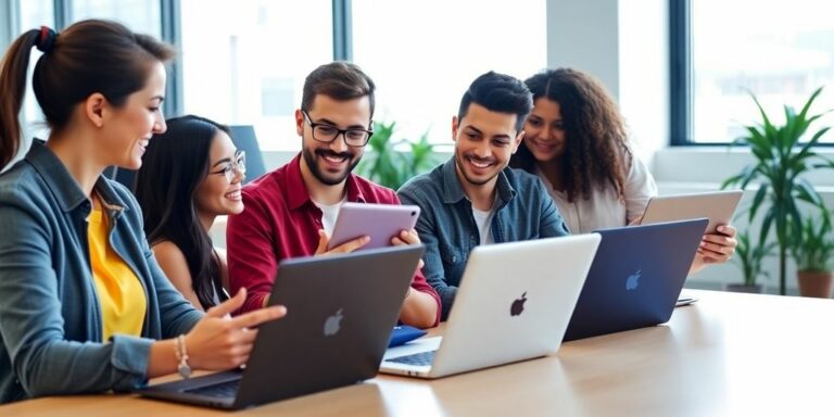 Team of marketers collaborating in a modern office setting.