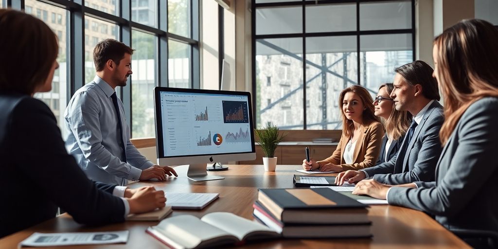 Diverse legal team collaborating in a modern office.