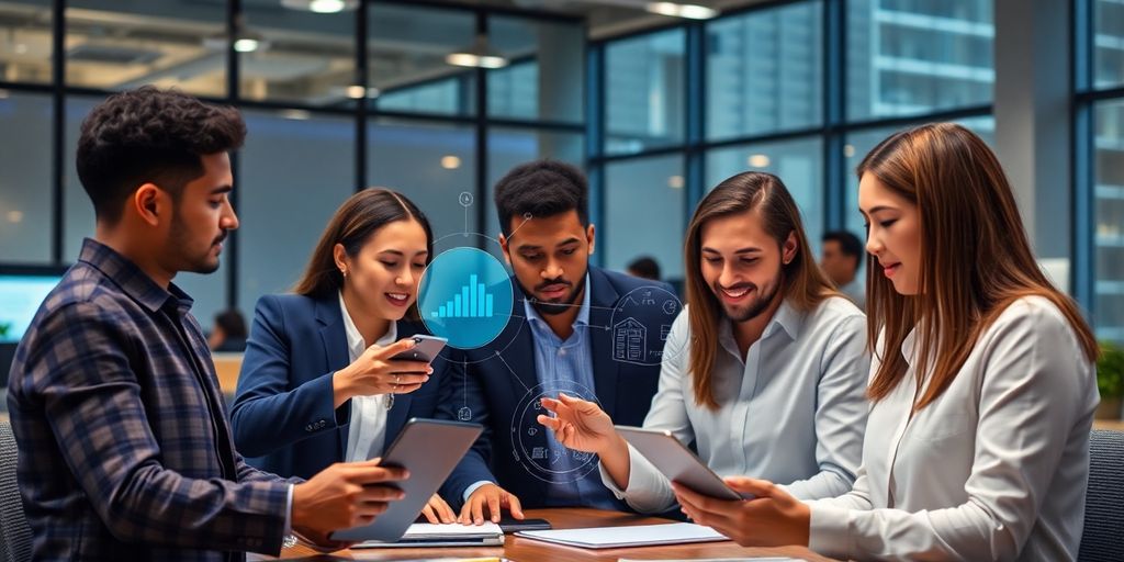 Diverse team collaborating with AI tools in a modern office.