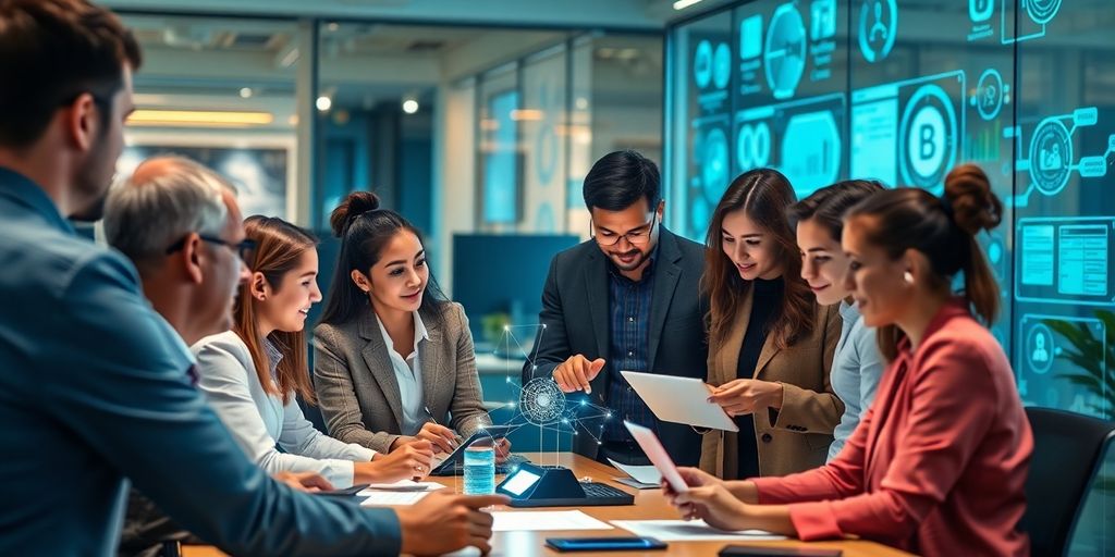 Diverse professionals collaborating with AI technology in an office.