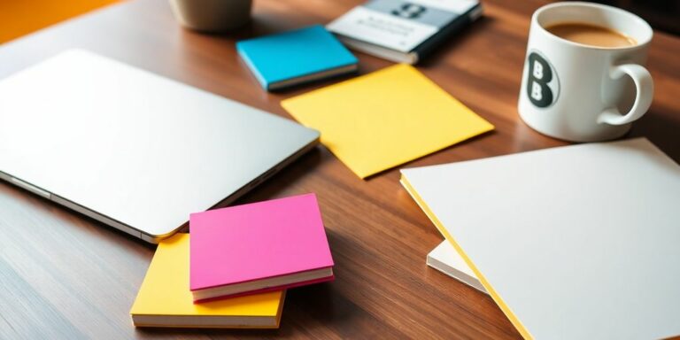 A workspace with a laptop and vibrant notepads.