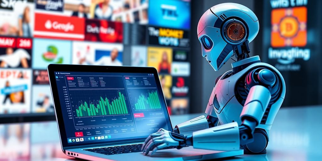 AI robot analyzing ad data on a laptop in marketing.