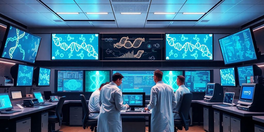 Futuristic lab with AI tools for genomic research.