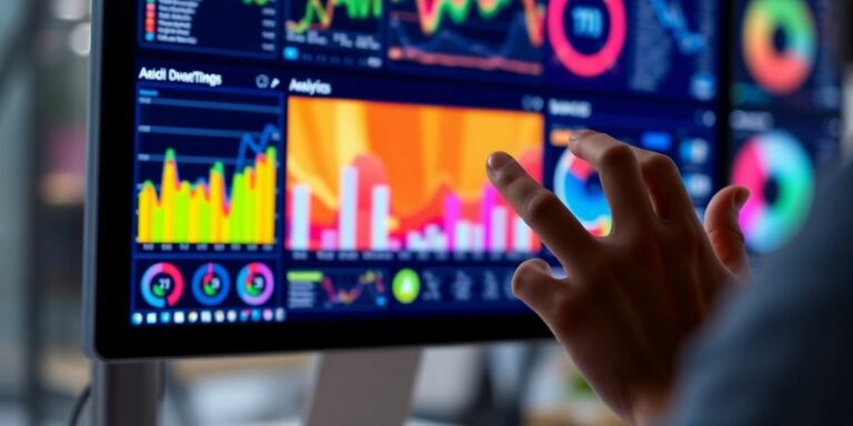 Person interacting with a screen of colorful data visualizations.