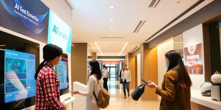 Modern bank with AI kiosks and customer interaction.